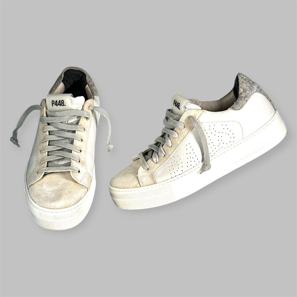 P448 Women Thea White Leather Grey Suede Sneakers Shoes Size 39 US 8.5 Italy - Picture 1 of 16